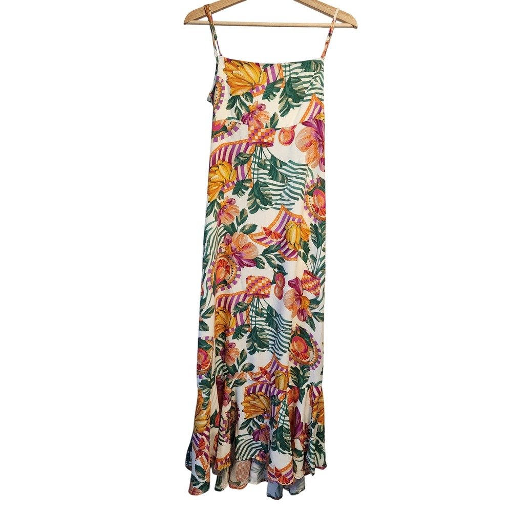 Paper Heart Tropical Fruit Floral Maxi Dress Women M Multicolor Tie Back Ruffle
